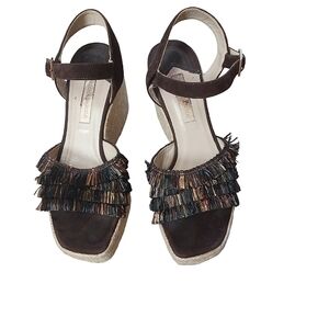 Paloma Barcelo fringed raffia wedge platform sandals  brown Size 8